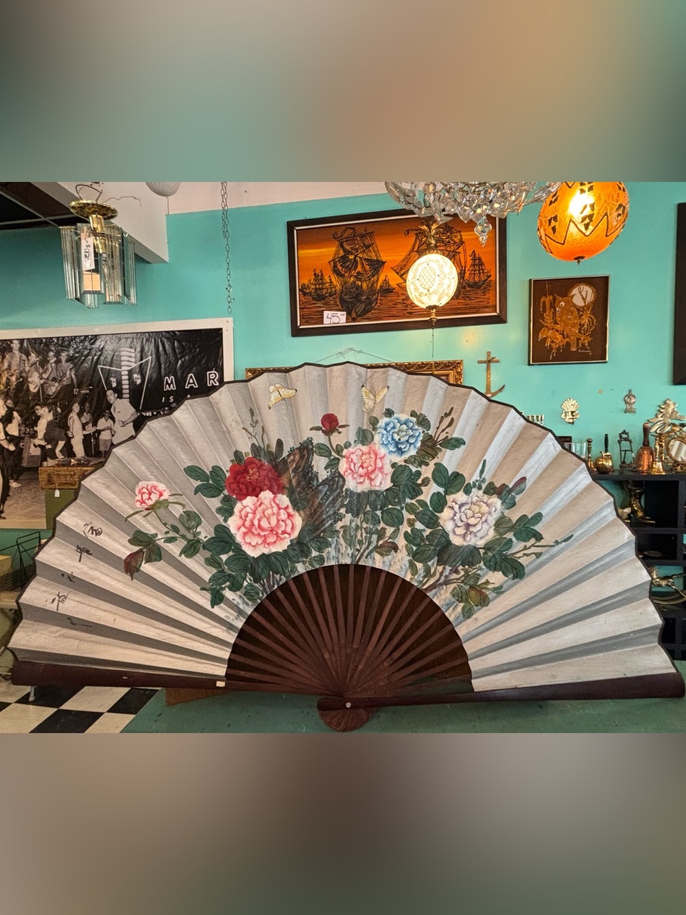 Large paper fan vintage oriental Chinese hand painted wall hanging flowers silve